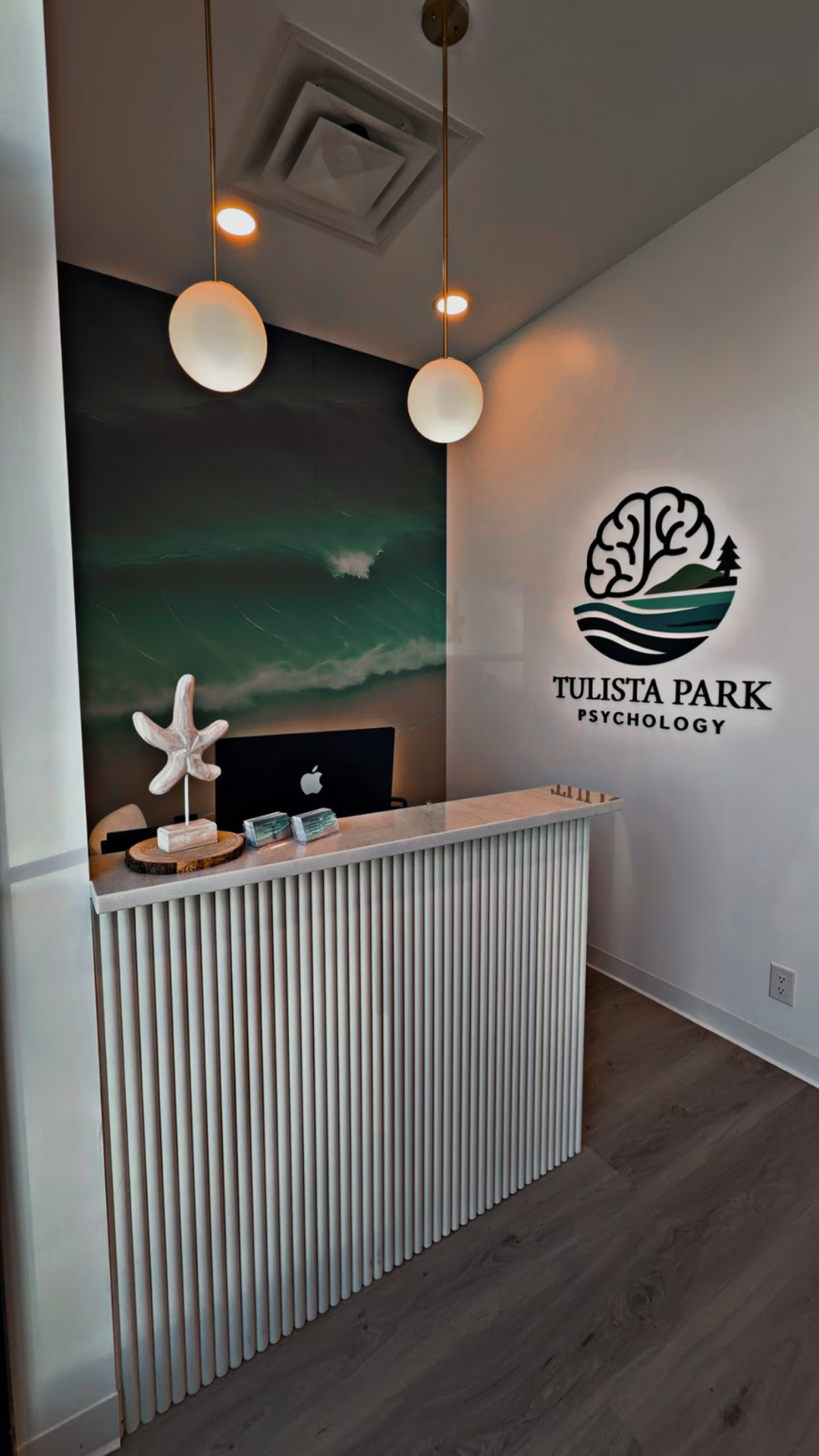 Reception with ocean wave artwork