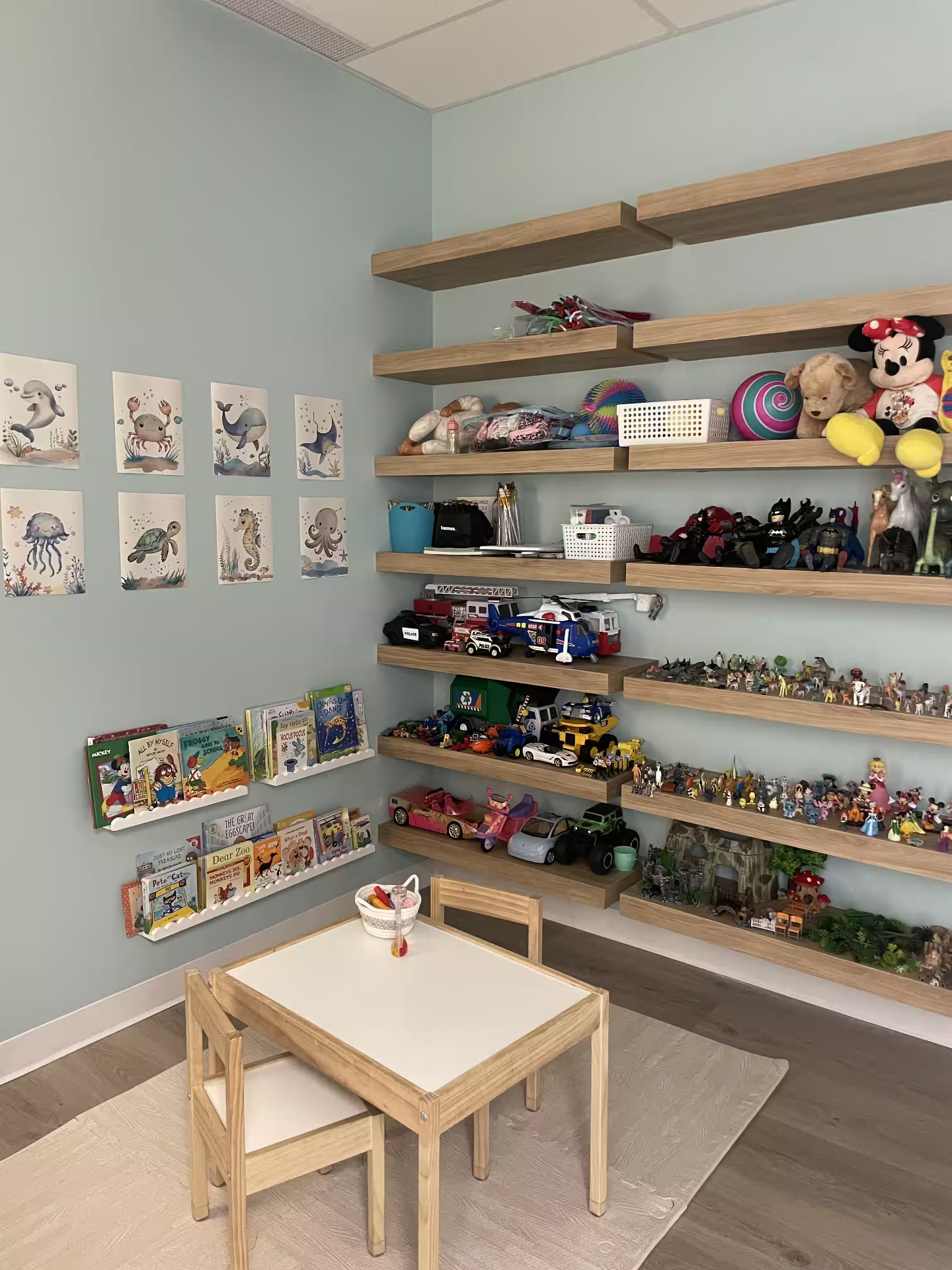 Ocean-themed play space with watercolour sea creatures and driftwood shelves